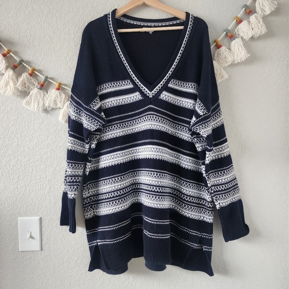 Vince Cotton Knit Striped V-neck Oversized Tunic Sweater Black Preppy Cottage XL